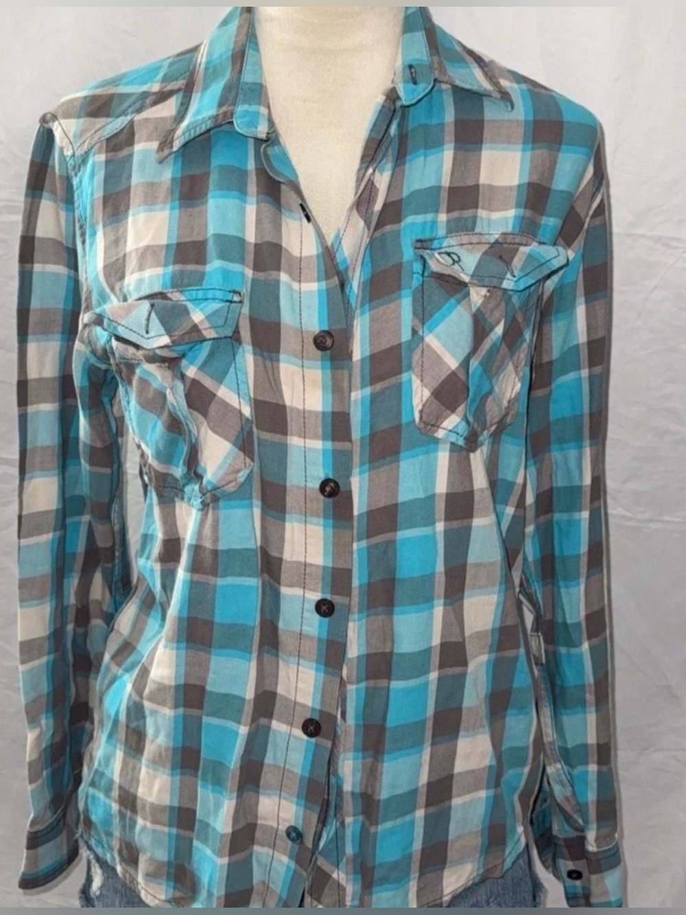 OP Blue Gray White Plaid Button-Down Shirt